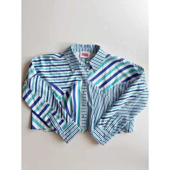 SOLID & STRIPED Emerson Blue Striped Poplin Cropped Button Down Shirt, Size S - Picture 3 of 13